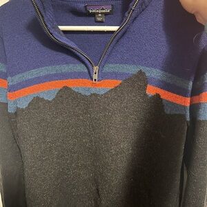 Patagonia Men's Zip-Up Sweater in Blue and Black with Orange Accents